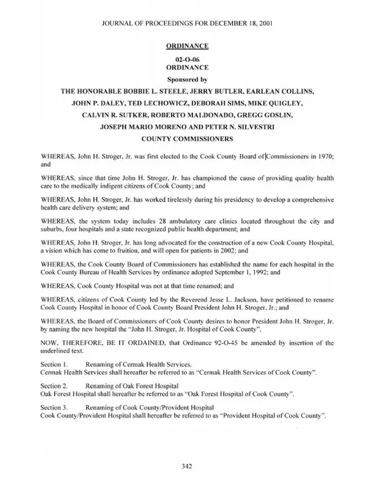 Page from the Cook County Board Journal dated December 18, 2001, showing Ordinance 02-O-06. The ordinance outlines the legacy of John H. Stroger, Jr. and proposes renaming Cook County Hospital in his honor, along with related hospital name changes within the Cook County Bureau of Health Services.