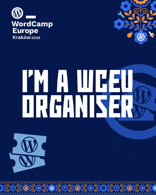 Image reads "I'm a WCEU organizer", with design elements that match the event's branding.