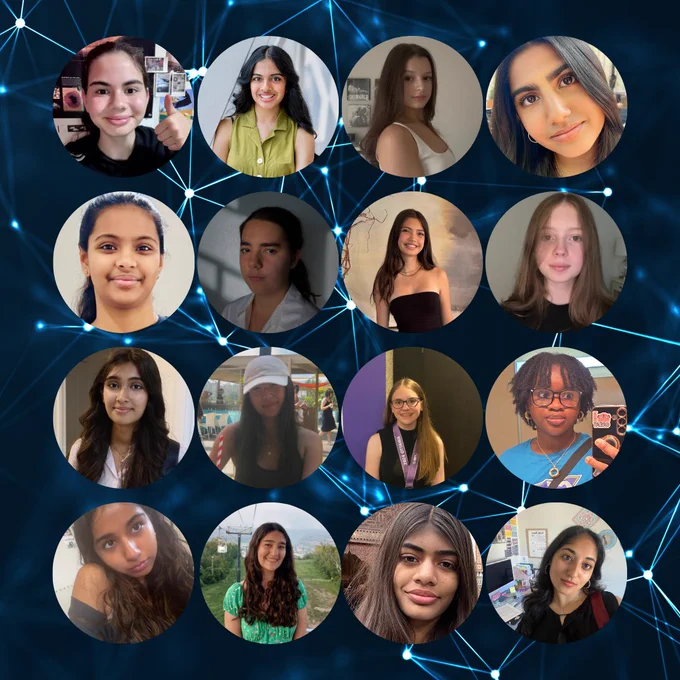 Photos of the CAGIS Teen Ambassadors STEM Communications Team on a dark blue, tech-inspired background.