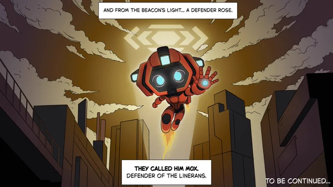 Red robotic hero in red suit hovers above a futuristic city, glowing blue eyes and palm, jet flame beneath, spotlight halo suggesting a guardian role.