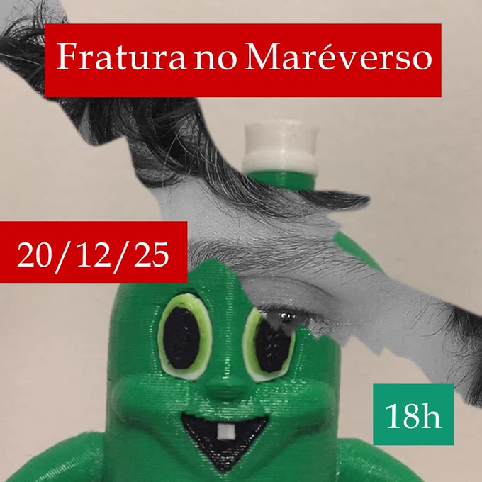 Close em um boneco do dollynho... Mas a foto está rachada na diagonal, perto do olho, e atrás há um pedaço do olho de Lucas, em preto e branco, igual da foto anterior.
Em faixas coloridas, o texto diz:
"Fratura no Maréverso. 20/12/25. 18h."