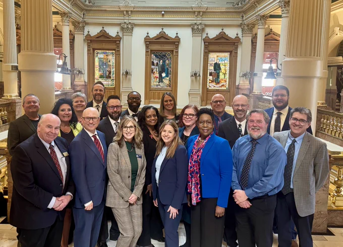 Chancellor DeSanctis, College Presidents, and College leadership gather in the Colorado Capitol for a group photo after testifying. 