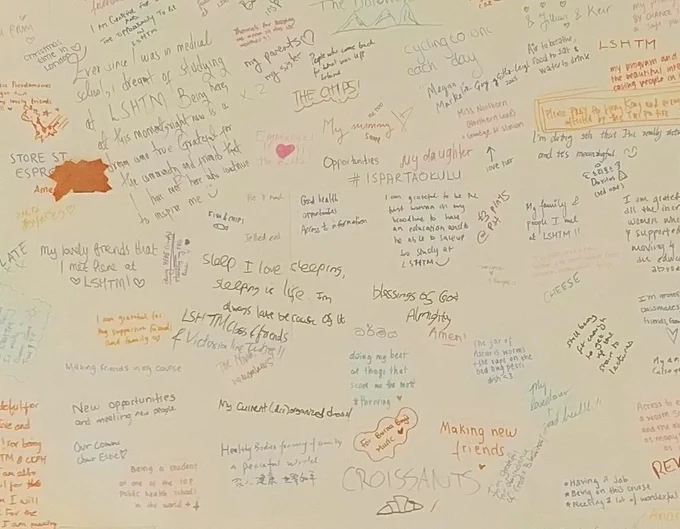 A close up of messages from students on one side of the gratitude board, ranging from "New opportunities and meeting new people" and "Having a job, being on this course" ... to "The chips", "Croissants" and "cheese"!