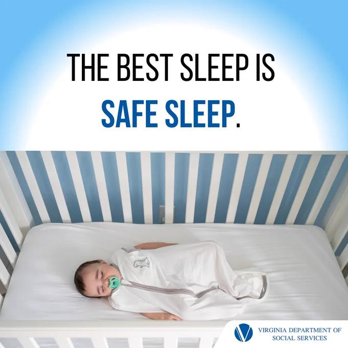Infant sleeping alone on their back in an empty crib with the text 'The Best Sleep is Safe Sleep' above, published by the Virginia Department of Social Services.