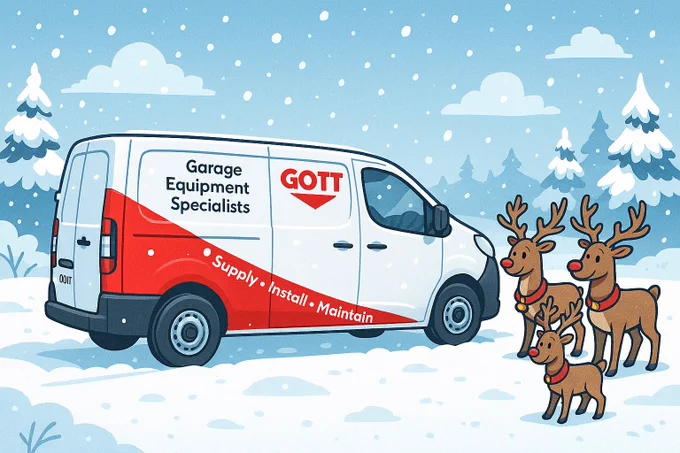 A cartoon image of a Gott Technical Services garage equipment service engineer van in a snowy scene with reindeer