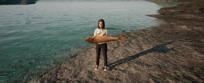 A screenshot from the game Ranch Simulator, showing a woman holding a large fish in her arms, in front of a lake.