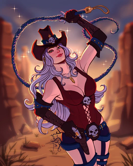 A stylized digital artwork depicting a fantasy female character with pale lilac skin and long, wavy lavender hair, dressed in a "Weird West" gunslinger outfit. She wears a brown cowboy hat adorned with a skull, a maroon corset top with lacing, denim shorts, and strappy thigh-high boots. She smiles confidently, looking at the viewer. Her left hand raises a coiled, glowing blue energy whip, while her right hand rests on a revolver in a hip holster. The background features blurred red rock formations of a desert canyon under a warm, golden sunset sky. The lighting creates a strong warm rim light on her hair and body, contrasting with the cool purple shadows