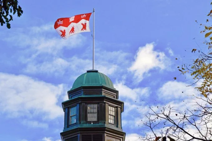 McGill flag against blue sky.