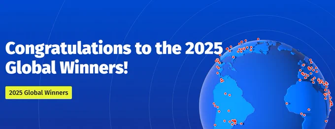 A blue, digital banner with white text reading "Congratulations to the 2025 Global Winners!" To the right, a blue globe displays red pins stuck in various parts of the Americas, Europe, and Africa. Credit: NASA