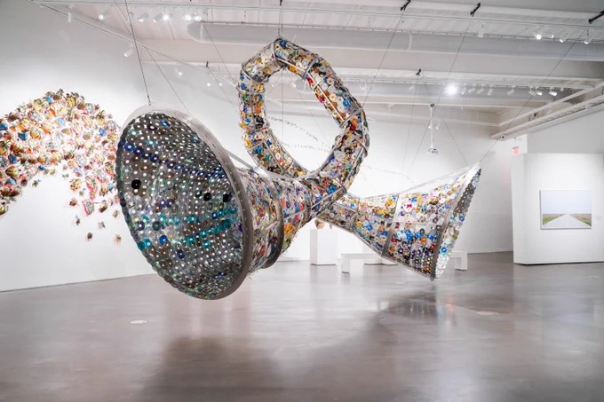 Installation view of ArtNow 2025: Materials and Boundaries, including, left to right, Mary Claire Becker’s Tulipmania (2019-2025), Leticia R. Bajuyo’s Loop: Gravity Repeated (2025) and Kirsten Griffin’s Country Road (2023). Photo by Blake Studdard.