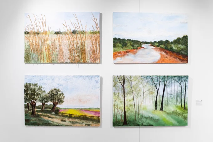 Installation view of ArtNow 2025: Materials and Boundaries, including, clockwise from top left, Irmgard Geul’s Follow the Wind (2025), Running Free (2025), The Forest (2025) and A Landscape of Memories (2025). Photo by Blake Studdard.