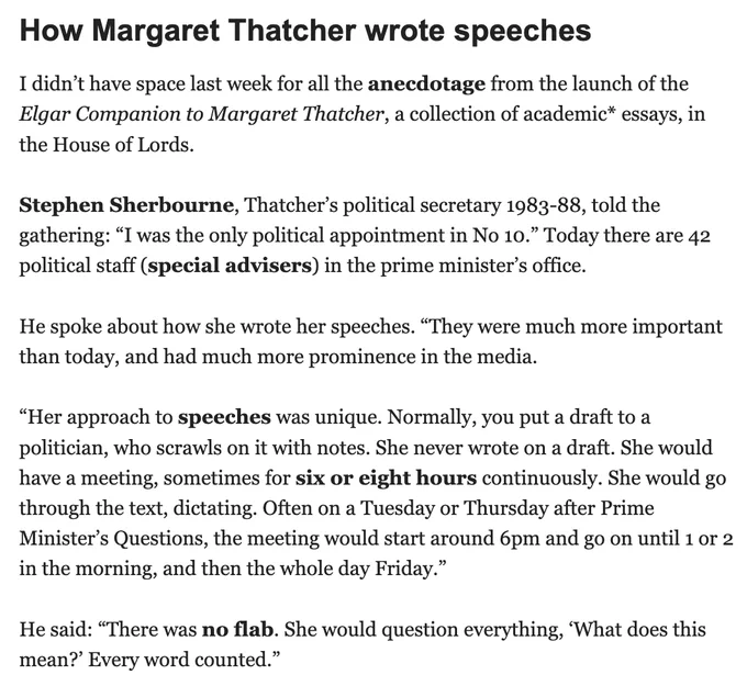 Extract of John Rentoul's write-up of the House of Lords launch of the Elgar Companion to Margaret Thatcher.