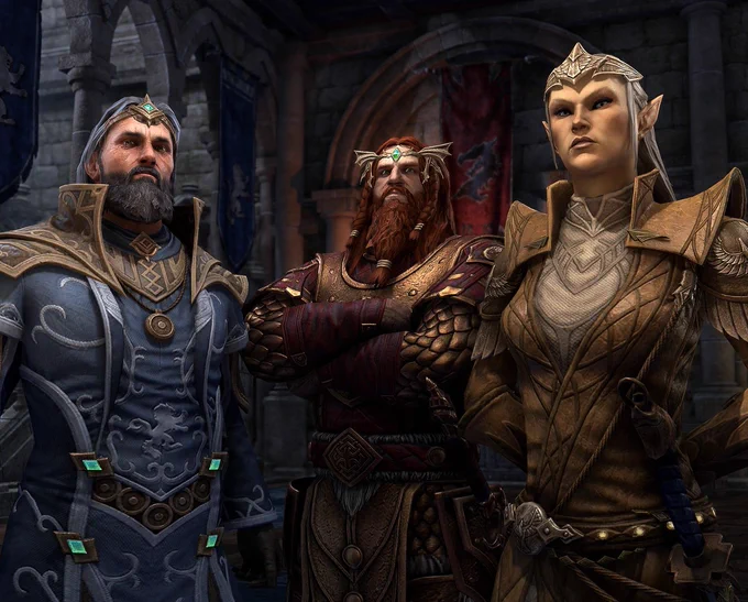 Alliance leaders King Jorunn, King Emeric and Queen Ayrenn stand together in a keep. 