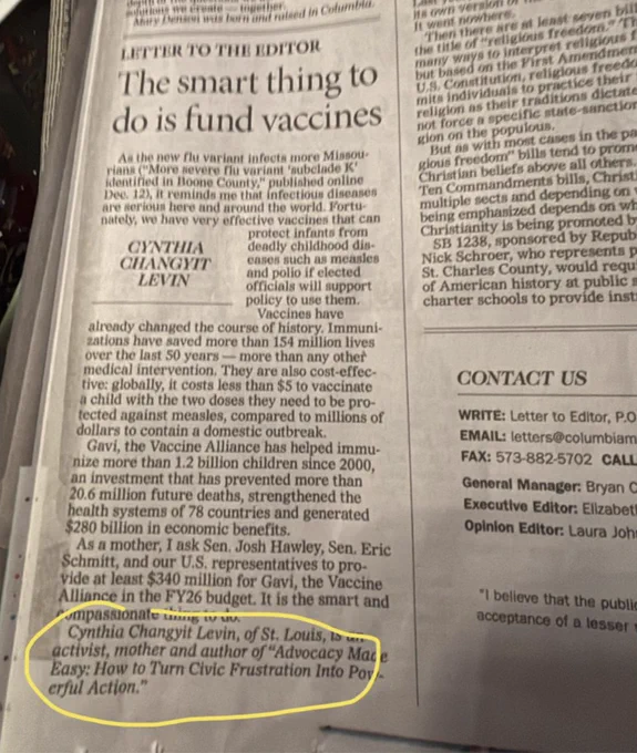 A letter to the editor by Cynthia in the paper