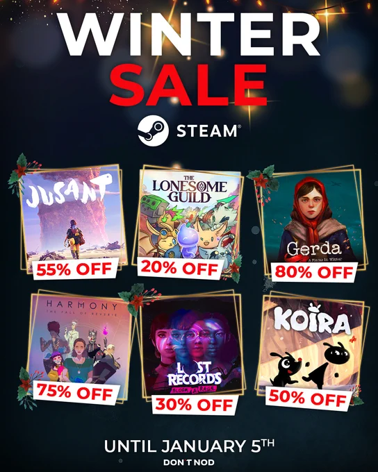Promotional banner for a Steam winter sale by DON’T NOD, showing “WINTER SALE” in large white and red letters at the top against a dark festive background with string lights, the Steam logo in the center, and six featured game tiles along the bottom—stylized cover art for different DON’T NOD titles, each framed in gold with a red discount tag reading, from left to right, “75% OFF,” “55% OFF,” “30% OFF,” “20% OFF,” “80% OFF,” and “50% OFF,” plus small holly decorations, with the text “UNTIL JANUARY 5TH” and the DON’T NOD logo at the bottom center.