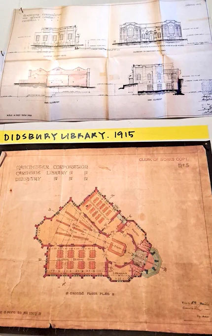 Historic plans of Didsbury Library with yellow title strip 