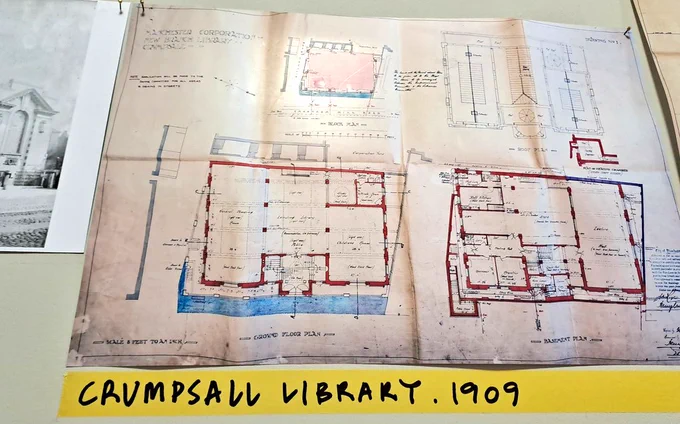 Historic plans of Crumpsall Library with yellow title strip 