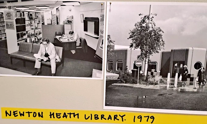 Historic photos of Newton Heath Library with yellow title strip 