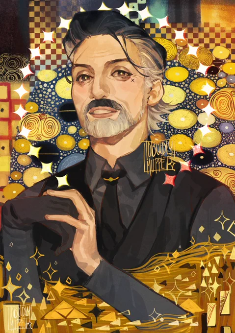 portrait of izzy hands, surrounded by gold and stars and all that jazz, very heavily inspired by, and referencing, klimt's works