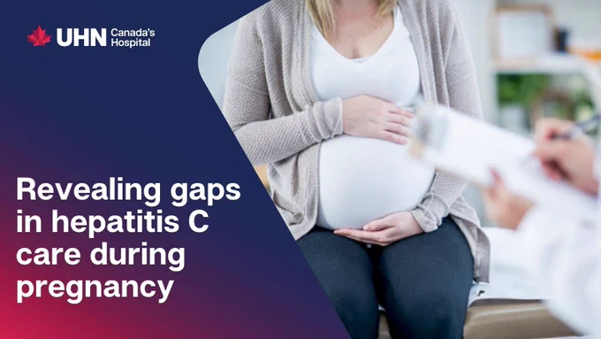 Graphic with title "Revealing gaps in hepatitis C care during pregnancy" and an image of a pregnant woman sitting oa n hospital bed while a doctor stands in the foreground holding a clipboard. 