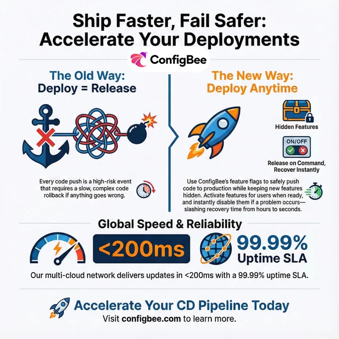 ConfigBee infographic showing how feature flags decouple deployments from releases, enabling faster and safer software releases with instant rollback, under 200ms global updates, and 99.99% uptime SLA.