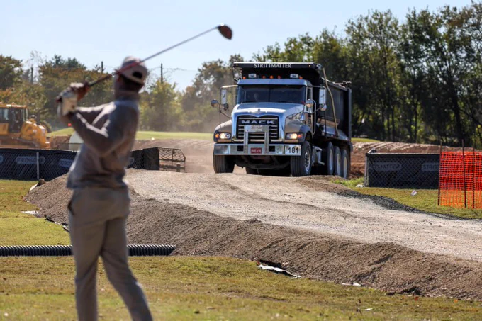 Image of golfer teeing off at East Potomac Golf Links and makeshift dump site containing soil and debris from the East Wing of the White House. Credit Wall Street Journal and Jessica Koscielniak/Reuters
