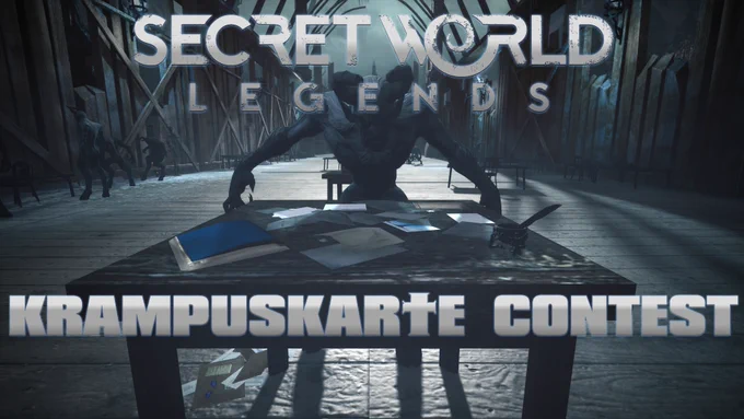 Krampus stands in front of a table in the frozen halls of Niflheim in Secret World Legends. Before Krampus is a table covered in stationary - letters, papers, and even a fountain pen and inkwell. Krampus clutches the corners of the table closest to him and leers into the table. The great arches of  Niflheim loom above. A few of Krampus' kin kick at the walls of Niflheim's halls in the background. The words "Secret World Legends" are present in white-and-grey gradient on the top of the image. On the bottom of the image are the words "KRAMPUSKARTE CONTEST" in the same gradient.