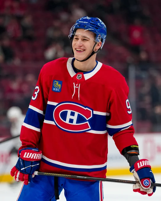 Ivan Demidov smiling during warmups ahead of the Canadiens-Blackhawks game at the Bell Centre