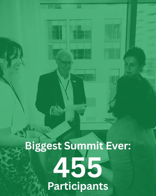 1. Four individuals engaging in conversation at the with white text overlay: 'Biggest Summit Ever: 455 participants'. 