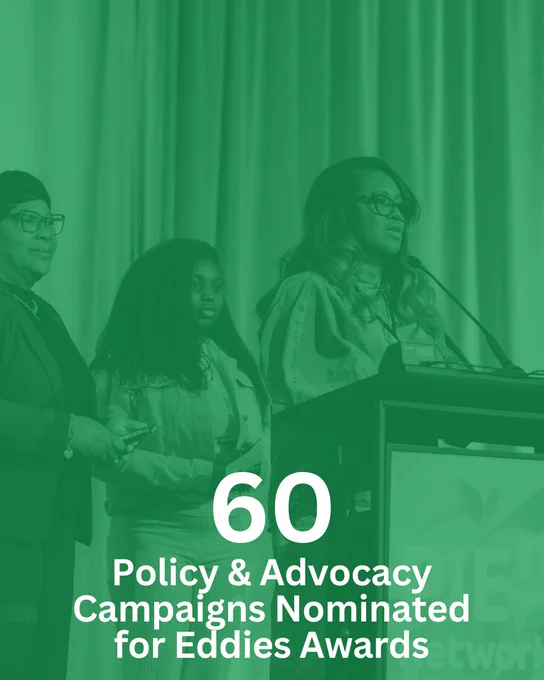 5. Three individuals stand behind a podium at an event, with the text "60 Policy & Advocacy Campaigns Nominated for Eddies Awards" displayed in the foreground. 
