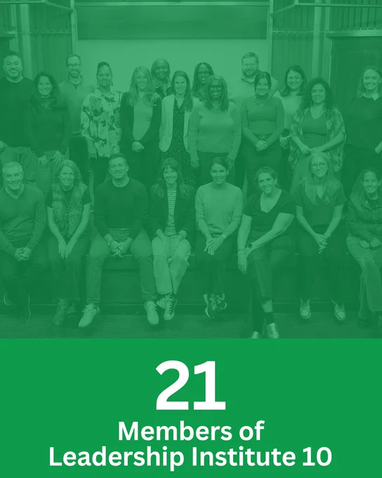 7. Group photo of 21 members of Leadership Institute 10, posing on steps with a green overlay.
