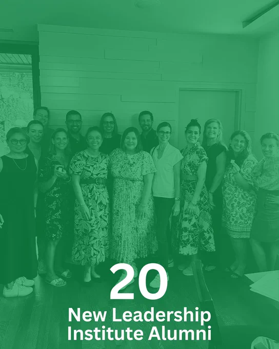 6. Group of New Leadership Institute Alumni standing together in a room, with the text '20 New Leadership Institute Alumni' overlaid in white.
