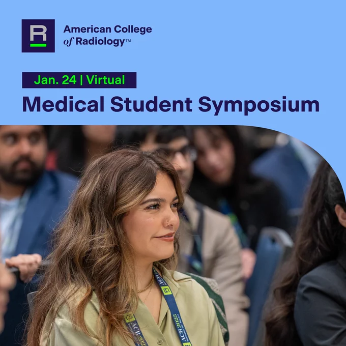Promotional image for Radiology Medical Student Symposium on January 24, featuring an attentive audience member with other participants in the background.