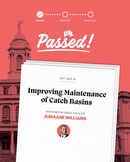 Graphic announcing passage of INT 403-A improving maintenance and reporting on catch basins citywide, sponsored by Public Advocate Jumaane Williams, with his headshot and a Passed status indicator.