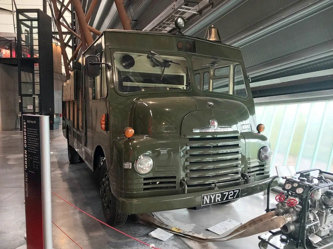 The front view of a 1950's Green Goddess fire appliance. 