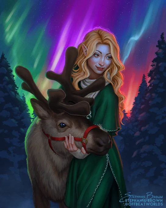Digital artwork of a female elf with strawberry blonde hair with white highlights, wearing a green wool dress. She hugs a reindeer. Behind her are snow covered pine trees with rainbow northern lights in the sky. A shadowy figure hides among the trees
