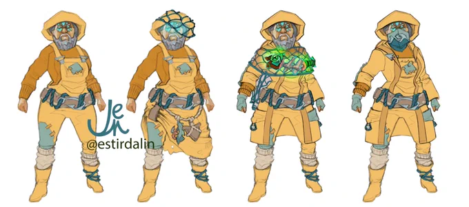 4 concept sketches of a voluptuous female pirate with Athena’s curse and glitterbeard, wearing various iterations and items from an imagined fisherman set I made originally as sea of thieves fan design in 2024, redrawn and updated.