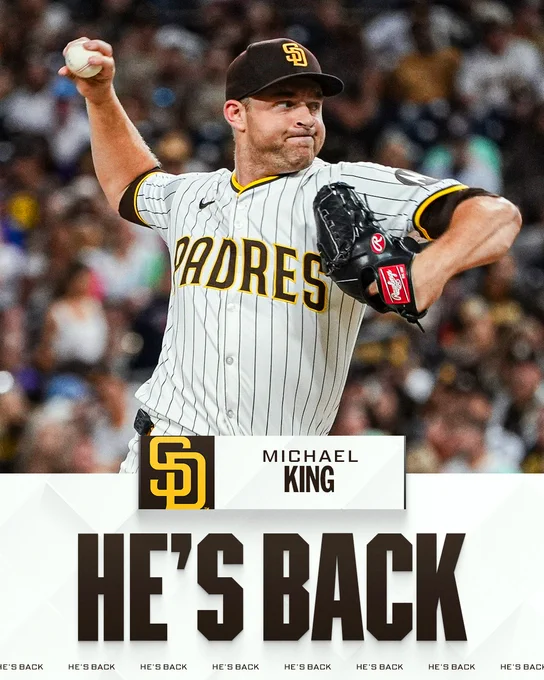 He's back!
Michael King to San Diego Padres
Pictured: Michael King delivers a pitch wearing a Padres home uniform.