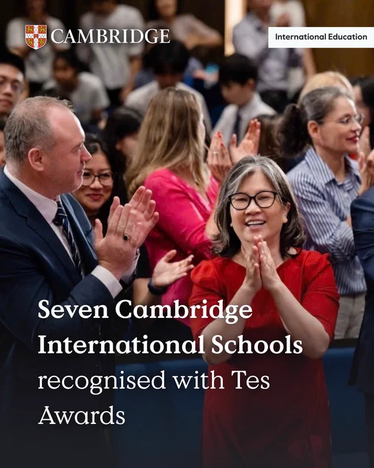 Group of individuals, including Mai Thuy, from Reigate Grammar School Vietnam, clapping in a celebratory event. Text reads 'Seven Cambridge International Schools recognised with Tes awards'. Featuring the Cambridge logo at the top.