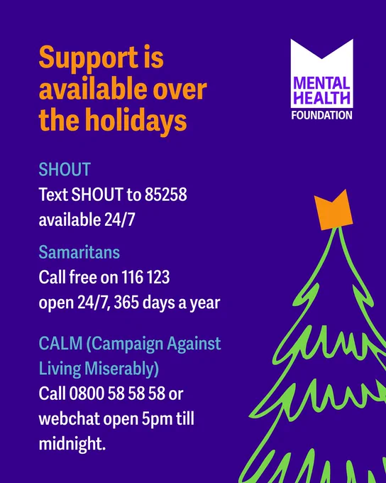 Purple background with yellow text reading “Support is available over the holidays.” Contact details for support services: SHOUT (text 85258), Samaritans (call 116 123), and CALM (call 0800 58 58 58 or webchat). A stylized Christmas tree and the Mental Health Foundation logo are included.
