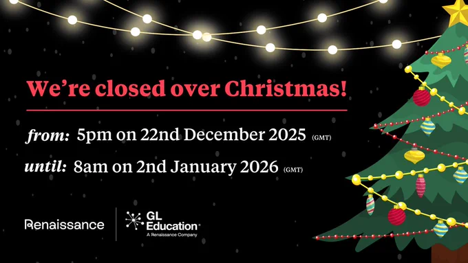 Graphic announcing holiday closure over Christmas, stating 'We're closed over Christmas! from 5pm on 22nd December 2025 until 8am on 2nd January 2026.' Decorated with a Christmas tree and string lights, includes Renaissance and GL Education logos.