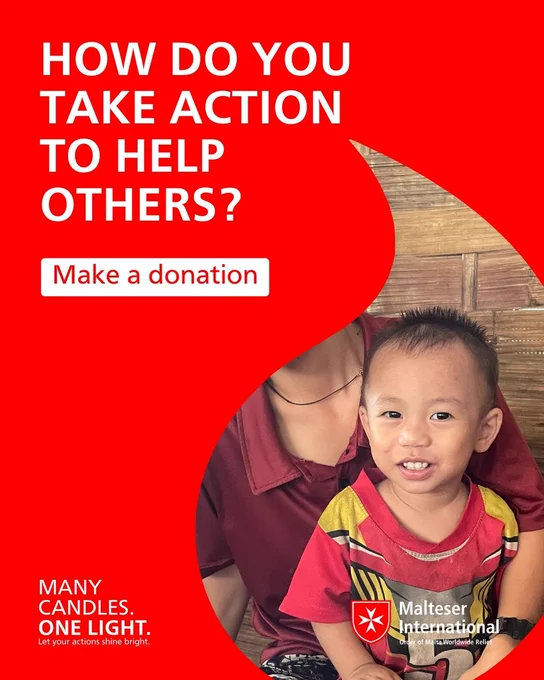 The image shows a smiling young child seated next to an adult, with text prompting the viewer to "Make a donation" to Malteser International, an organization providing worldwide relief.