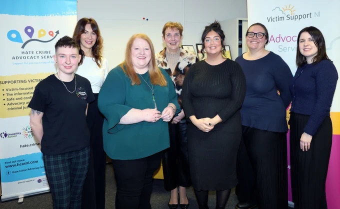 Pictured during a visit to the Hate Crime Advocacy Service (HCAS) Justice Minister Naomi Long with Chloe Barton, Rainbow Project; Anna Pustelnik, HCAS manager; Janice Bunting, CEO Victim Support NI; Dawn McCartney, Disability Action; Jolena Flett, Head of Advocacy and Project and Lucy Fitzgerald, Policy and Communications Manager.