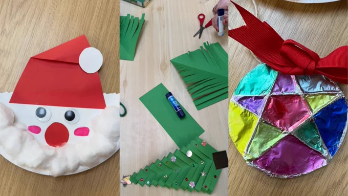 Three images showing different holiday crafts. The first is a paper plate turned into a Santa Claus face with a red hat and white beard. The second image displays materials for making a green paper Christmas tree, including scissors, glue, and decorations. The third shows a completed colorful wreath made with various shiny, metallic papers.