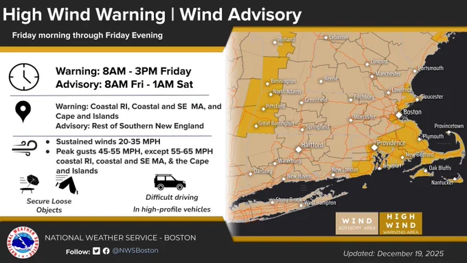 Graphic showing high wind warnings and wind advisories for southern New England