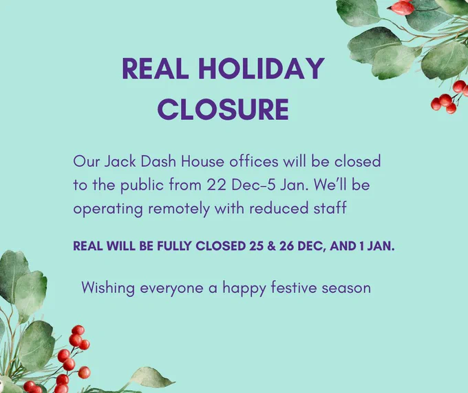 light blue image with text with christmas wreath and berries on corners of image