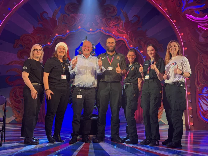 Group shot on stage at the Mercury Theatre - left to right, Nicola Harris, Helen Goodwin, Steve Mannix, Wayne David, Ellen Withers, Verity Forster and Kate Williams