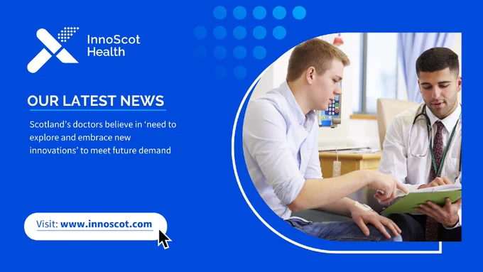 Two individuals are discussing a document in a healthcare setting, with a logo of InnoScot Health displayed in the corner and text about the latest news concerning Scotland's healthcare innovations. Visit: www.innoscot.com.