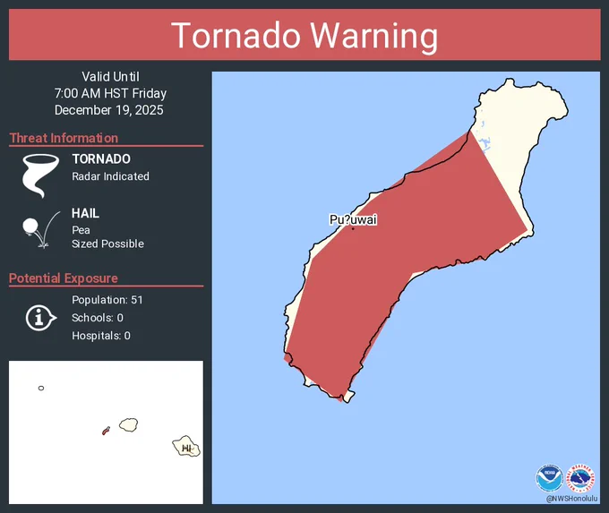 This graphic displays a tornado warning plotted on a map. The warning is in effect until 7:00 AM HST. The warning includes Puuwai HI.  This warning is for Niihau in Kauai County in Hawaii. The threats associated with this warning are a radar indicated tornado and pea sized hail. There are 51 people in the warning along with 0 schools and 0 hospitals.