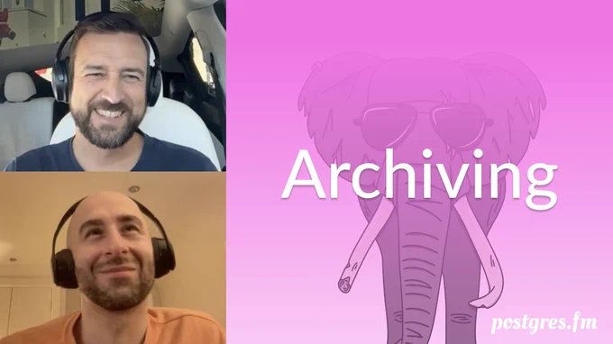 Pictures of Nik and Michael mid-recording, the episode title "Archiving", against a pink backround with an elephant wearing sunglasses.